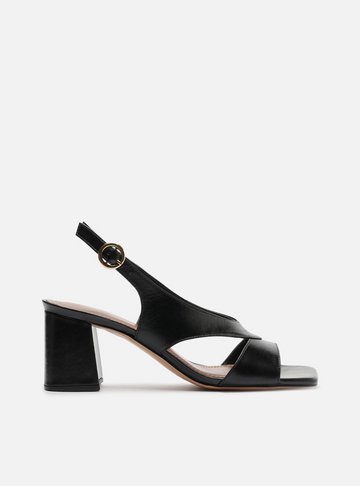 Sandália Preta Couro Salto Bloco Slingback Tiras