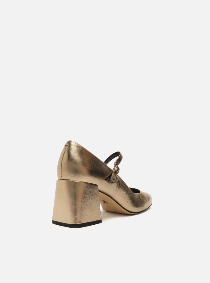 Sapato Boneca Dourado Couro Salto Bloco Tira Fivela