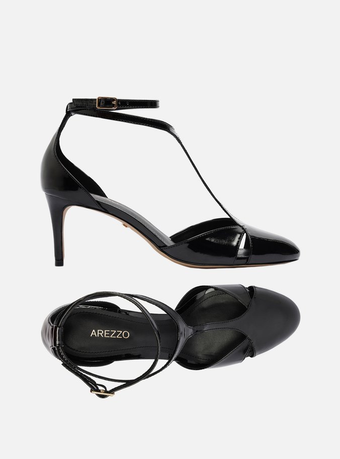 Scarpin Preto Verniz Salto Baixo Tira Recortes