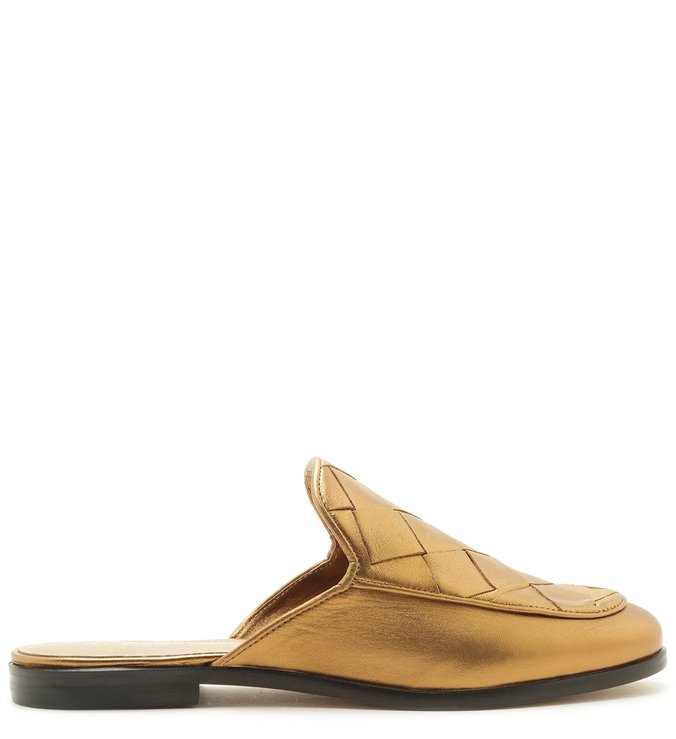 Mule Mocassim Couro Tressê Fechada Toast Gold