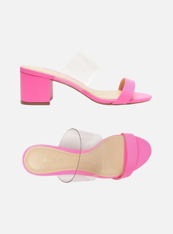 Sandália Rosa Neon Salto Bloco Tiras