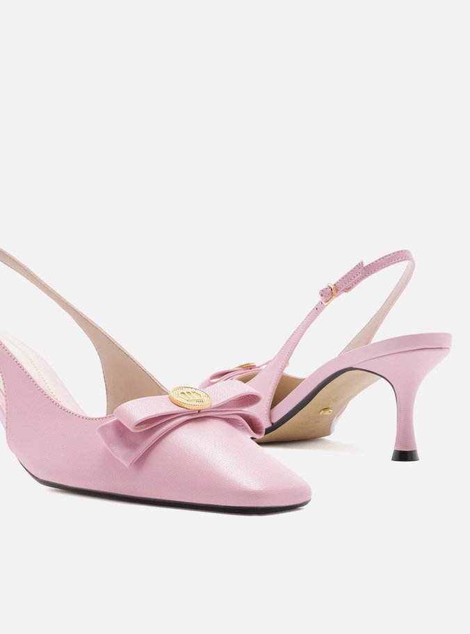 Scarpin Rosa Couro Bico Quadrado Slingback Laço