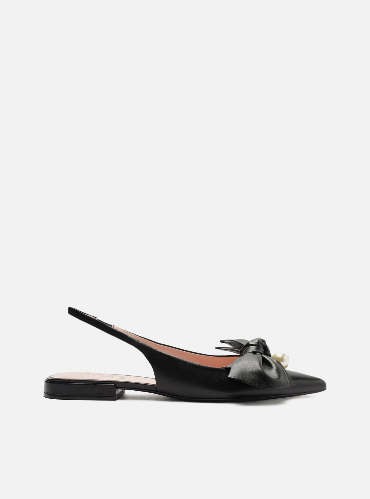 Sapatilha Preta Couro Slingback Laço Pérolas — foto 1