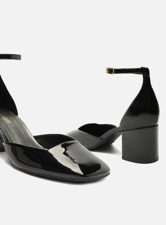 Scarpin Preto Verniz Salto Bloco Bico Quadrado