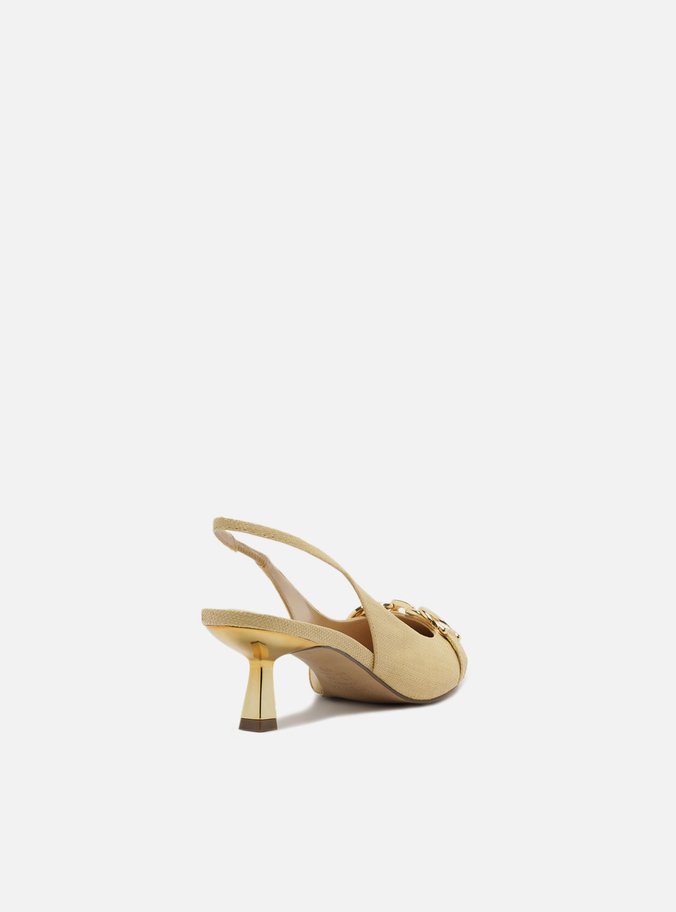 Scarpin Nude Tecido Bico Fino Slingback Bridão