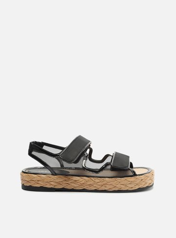 Sandália Papete Preta Tela Flatform Velcro