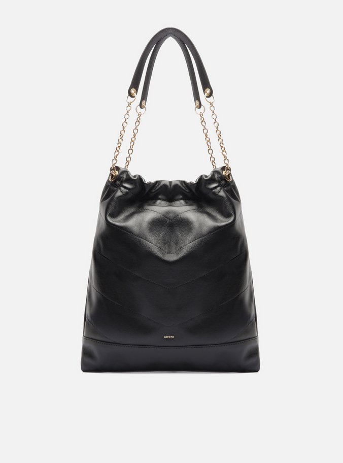 Bolsa Hobo Preta Couro Média Corrente Dourada