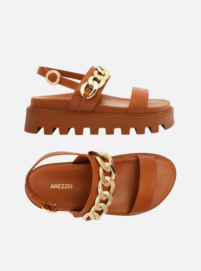 Sandália Marrom Couro Flatform Tratorada Corrente