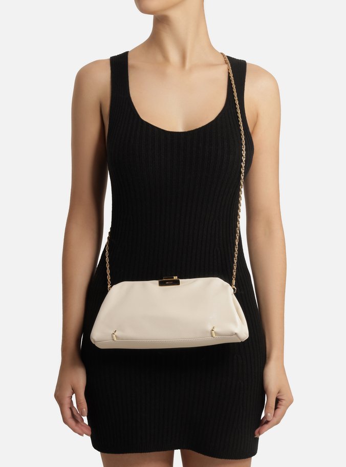 Bolsa Clutch Off White Couro Média Corrente Metais