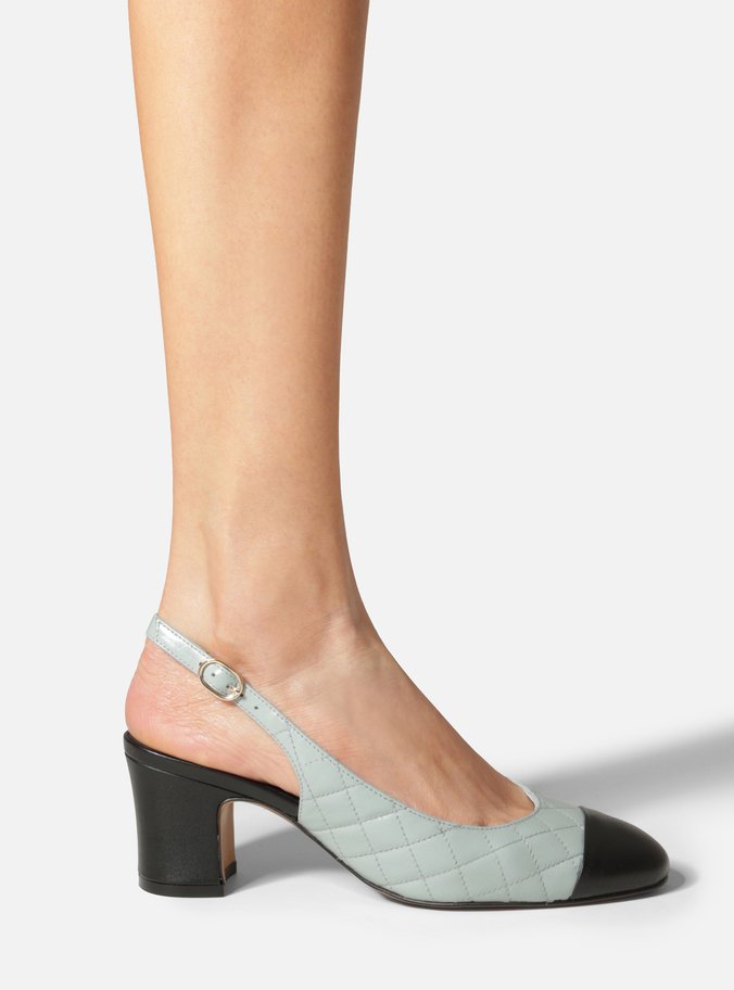 Scarpin Azul Couro Salto Bloco Fivela Slingback