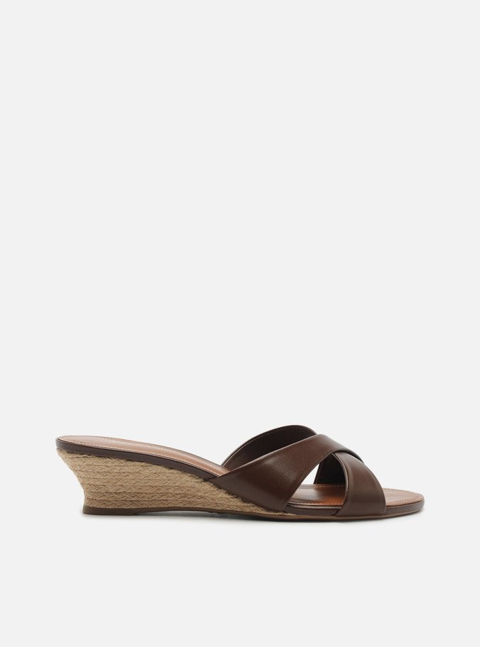 Tamanco Marrom Couro Anabela Baixa Tiras Cruzadas Kate