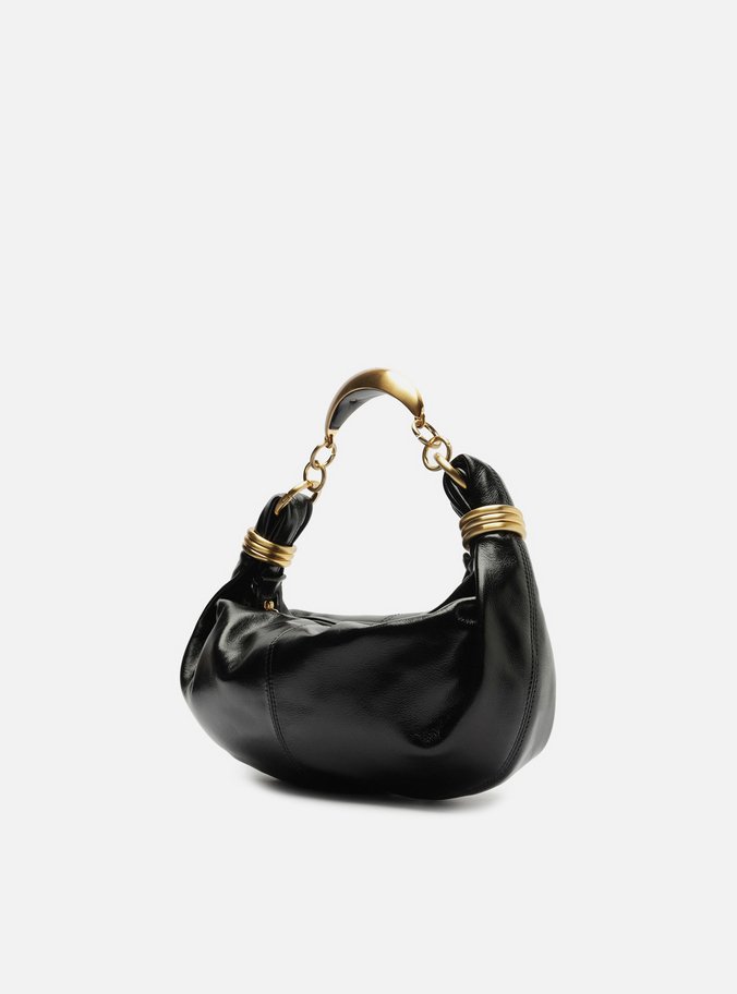 Bolsa Tiracolo Preta Couro Média Alça Argolas