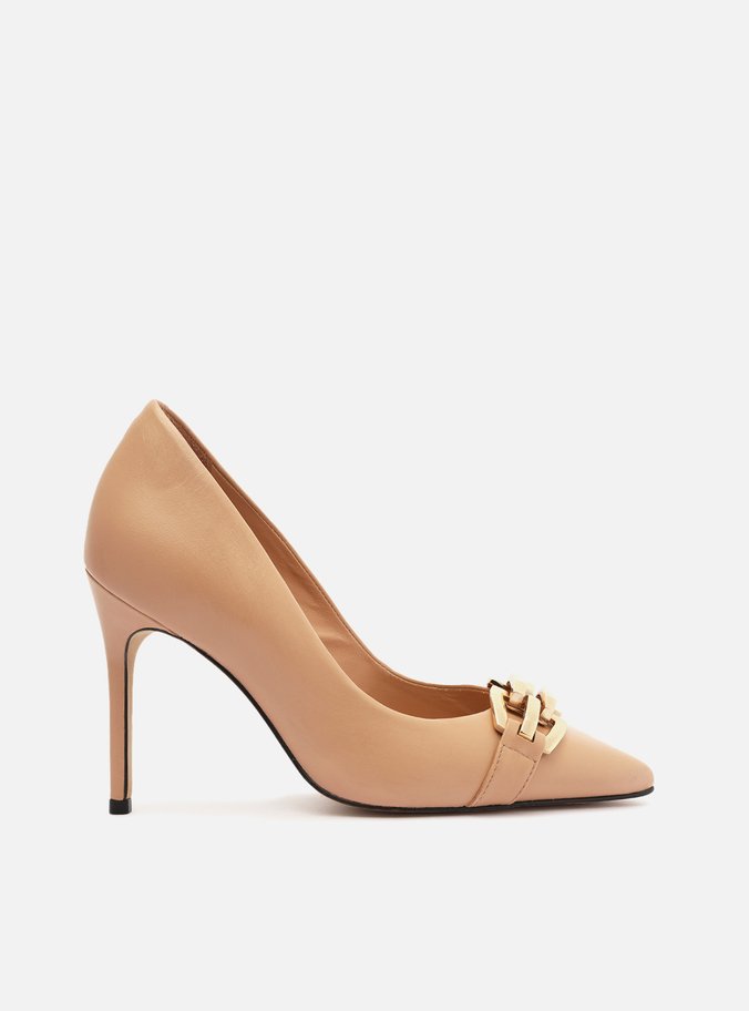 Scarpin Nude Couro Salto Alto Bico Fino Metal
