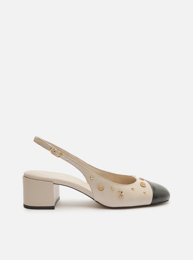 Scarpin Bege Couro Slingback Aplicações