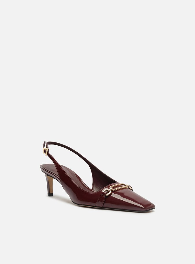 Scarpin Vinho Verniz Salto Baixo Slingback Metal