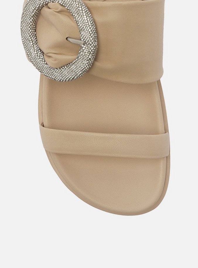 Sandália Nude Couro Flatform Fivela Cristais