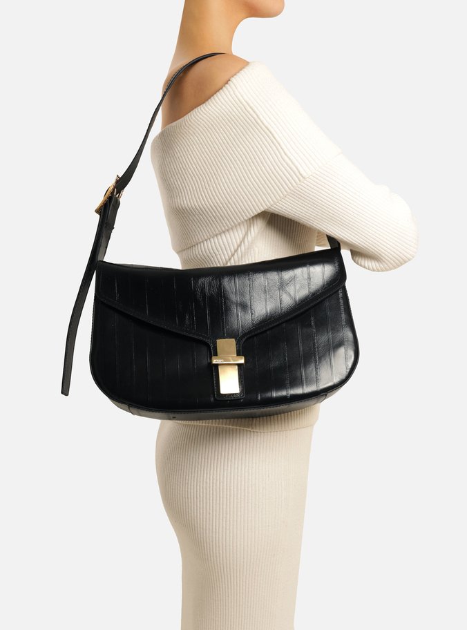 Bolsa Tiracolo Preta Couro Grande Tampo Metal