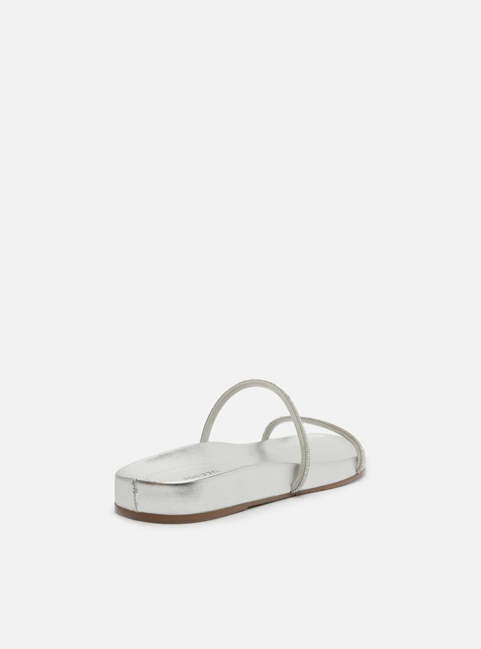 Sandália Rasteira Prata Tiras Strass Minimal