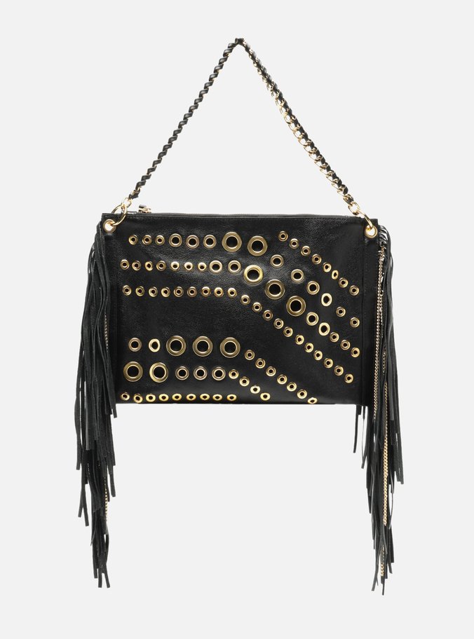 Bolsa Tiracolo Preta Couro Grande Franjas