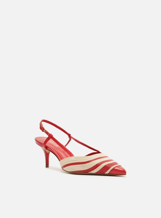 Scarpin Vermelho Couro Salto Baixo Slingback Bicolor