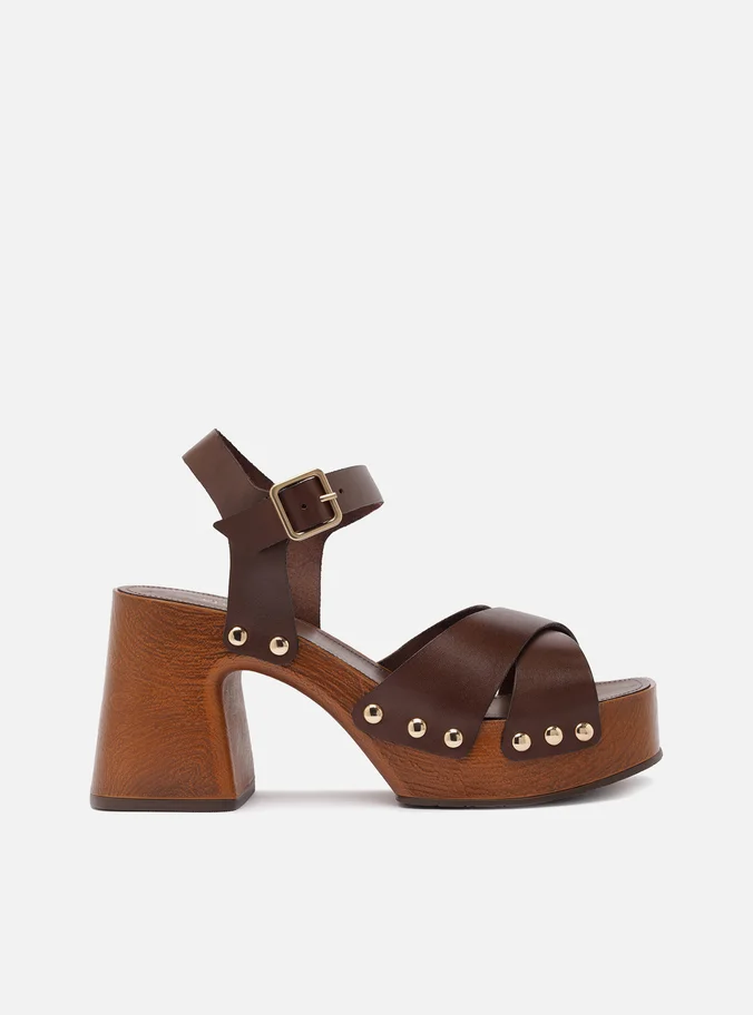 Sandália Marrom Couro Salto Meia Pata Bloco