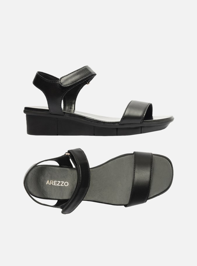 Sandália Preta Couro Flatform Comfort