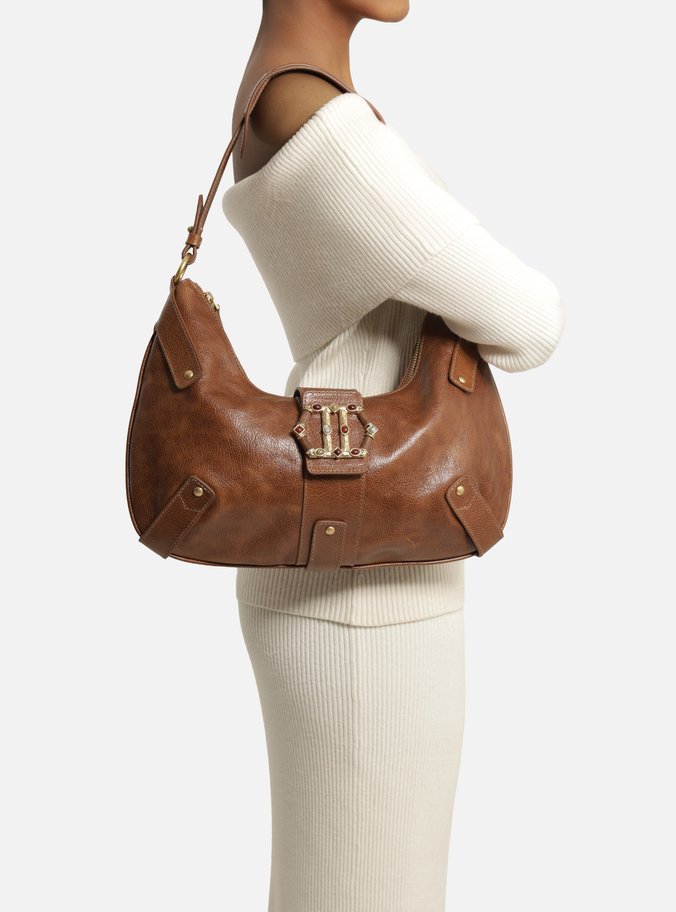 Bolsa Hobo Marrom Couro Grande Metal Sextavado