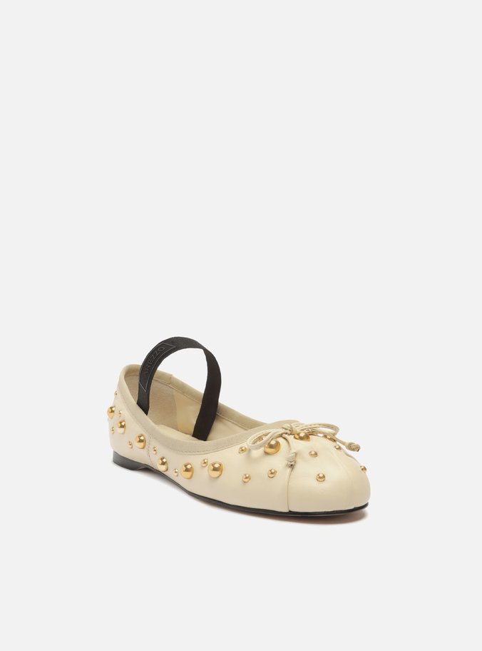 Sapatilha Boneca Off-White Couro Bico Redondo Studs