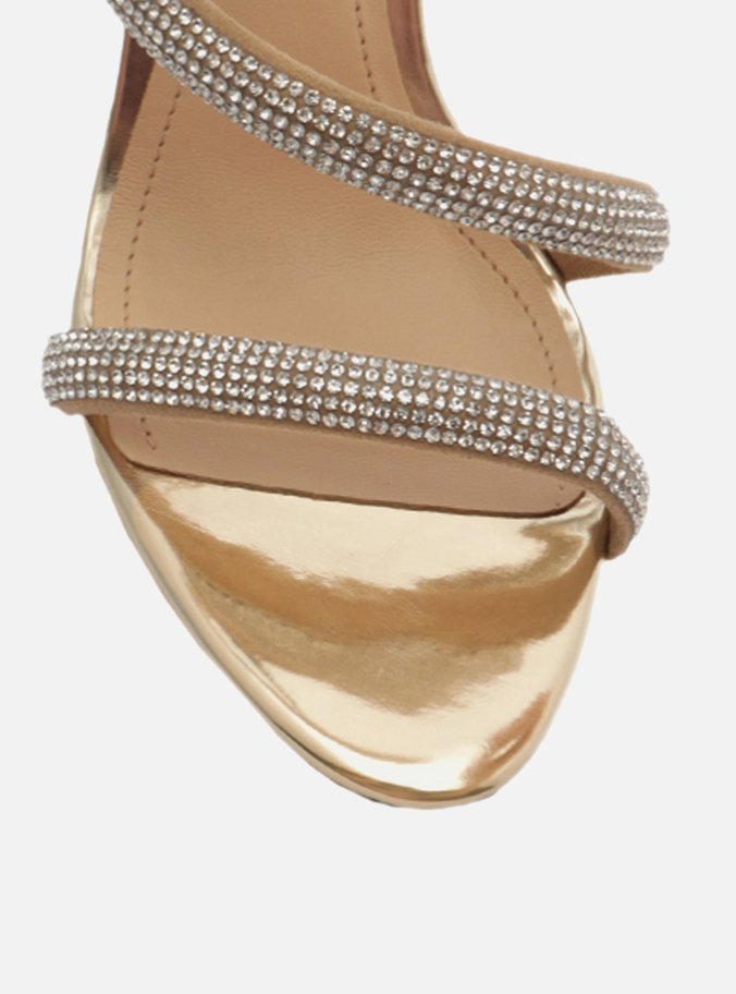 Sandália Dourada Salto Fino Espiral Strass Aria