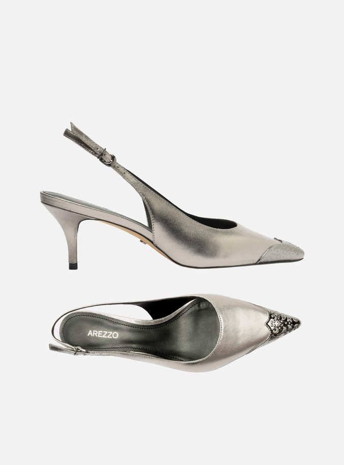 Scarpin Prata Couro Bico Fino Slingback Biqueira
