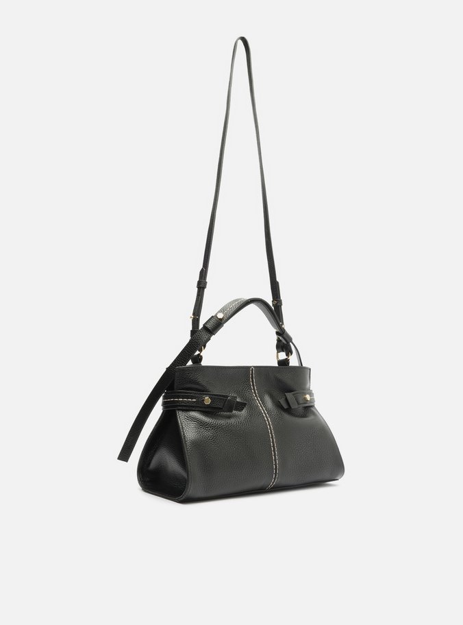 Bolsa Tote Preta Couro Média Tiras Laterais