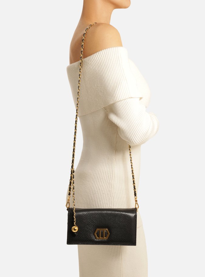 Clutch Preta Couro Snake Pequena Metal