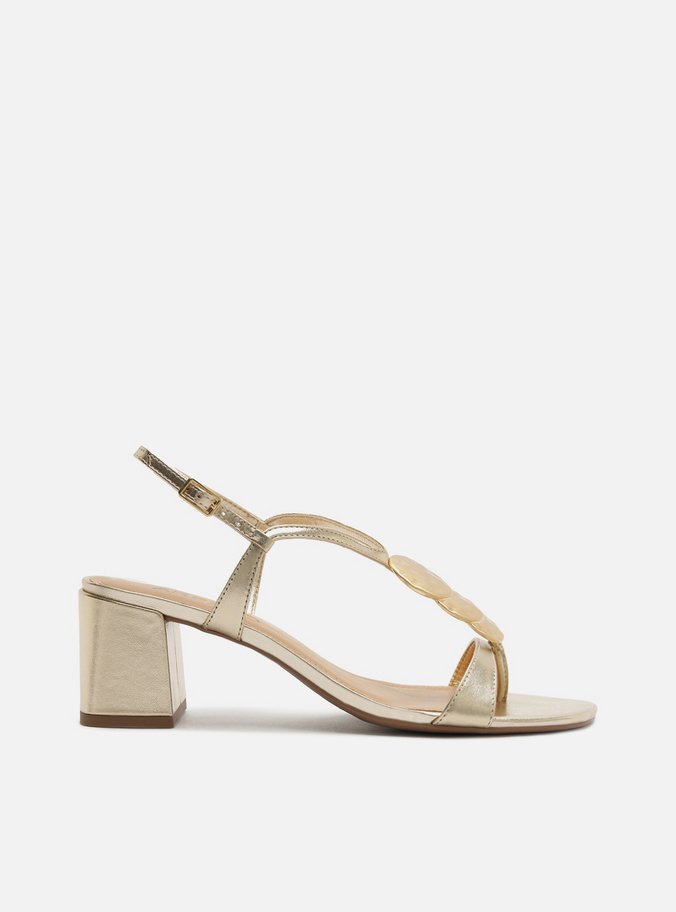 Sandália Dourada Couro Salto Médio Bloco Metais Textura