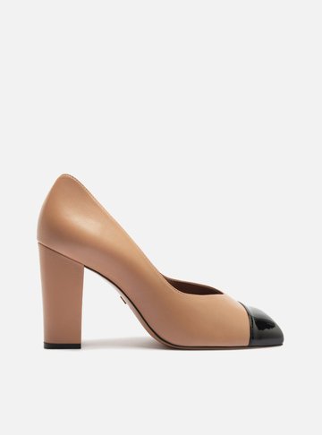 Arezzo — Scarpin Nude Salto Bloco Cap Toe Preto