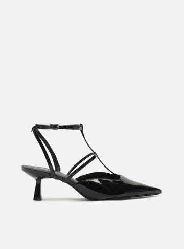 Scarpin Preto Verniz Salto Médio Aberto Tiras