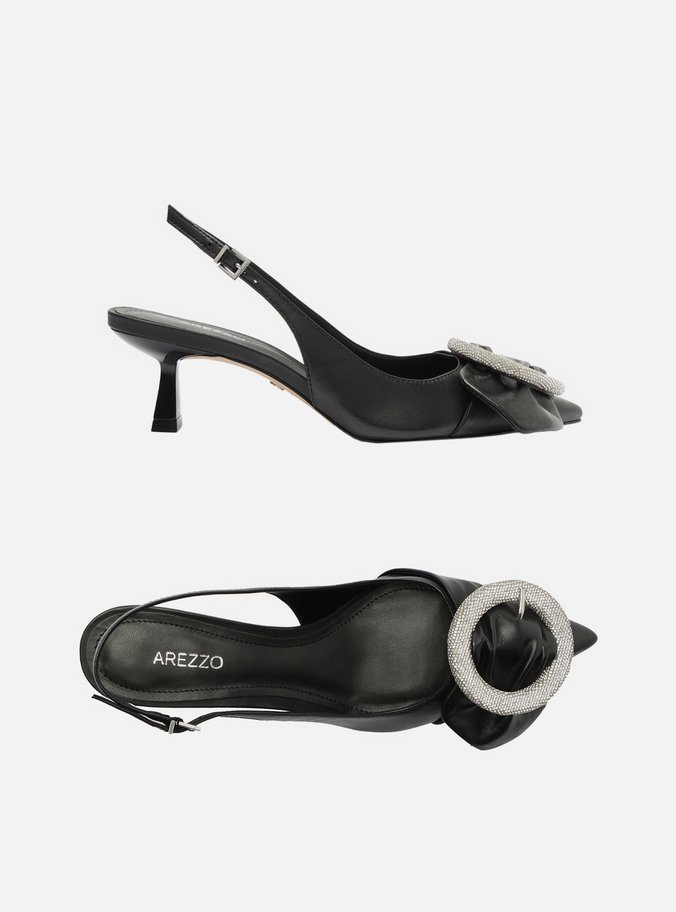 Scarpin Preto Couro Slingback Fivela Cristais