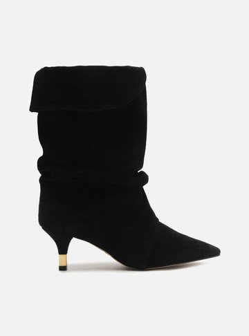 Bota Preta Suede Cano Médio Salto Fino Slouch