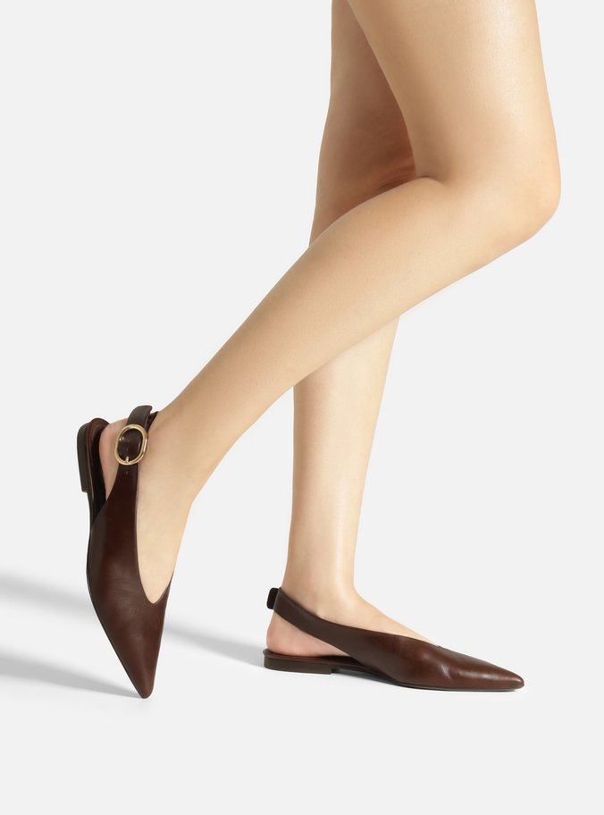 Sapatilha Marrom Couro Slingback Bico Fino Fivela