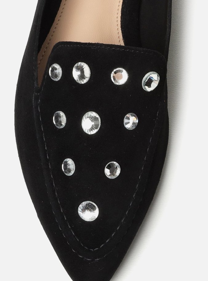 Mocassim Preto Couro Salto Rasteiro Strass