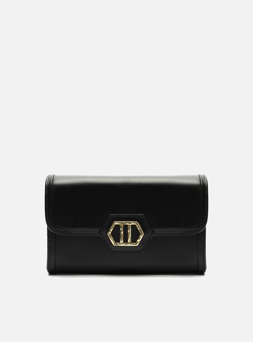 Bolsa Tiracolo Preta Couro Média Metal