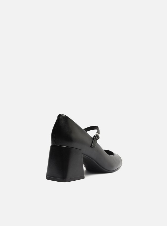 Sapato Boneca Preto Couro Salto Bloco Strass