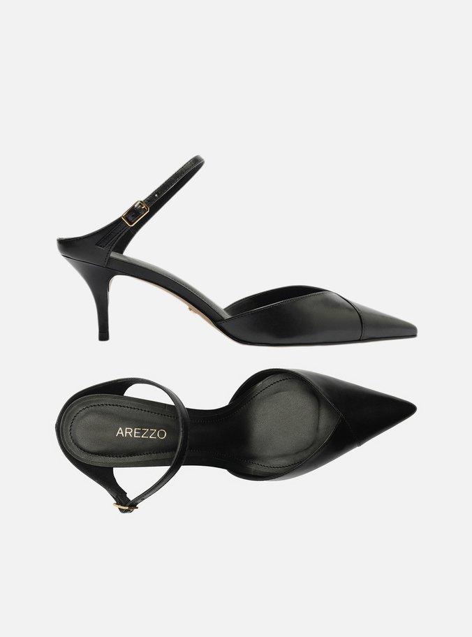 Mule Preta Couro Salto Kitten Tira Instep