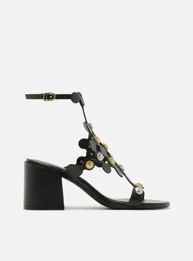 Sandália Preta Couro Bloco Círculos Metais