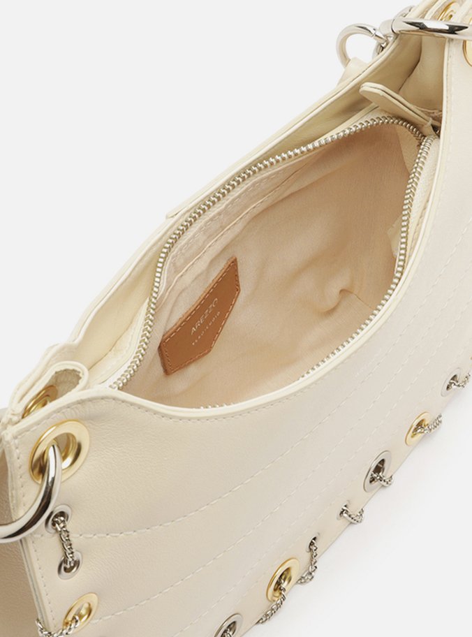 Bolsa Hobo Branca Couro Média Costuras Metais