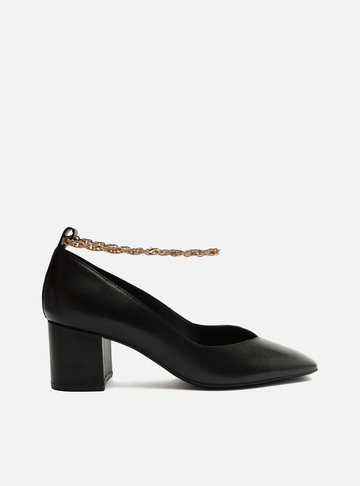 Scarpin Preto Couro Bico Quadrado Tira Metal