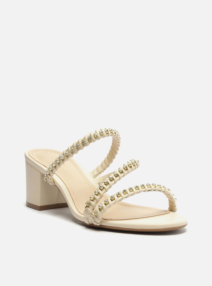 Sandália Off-White Salto Bloco Tiras Pedrarias