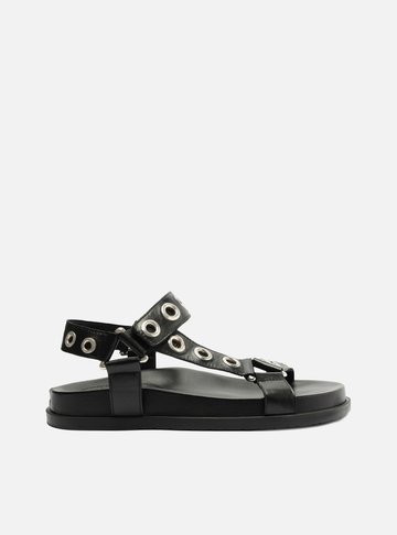 Sandália Papete Preta Couro Flatform Ilhós