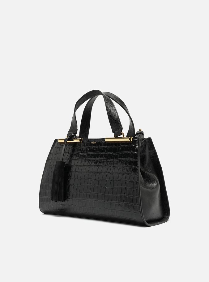 Bolsa Tote Preta Couro Croco Média Barbicacho