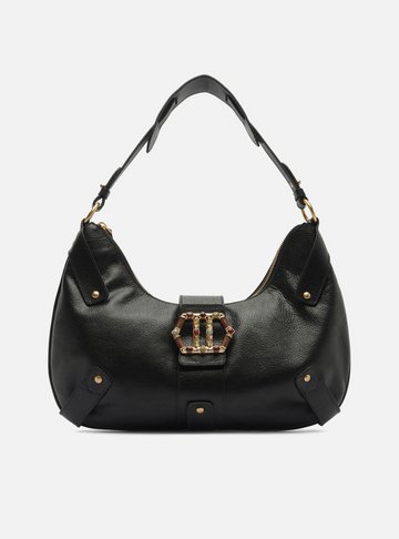 Bolsa Hobo Preta Couro Grande Metal Sextavado