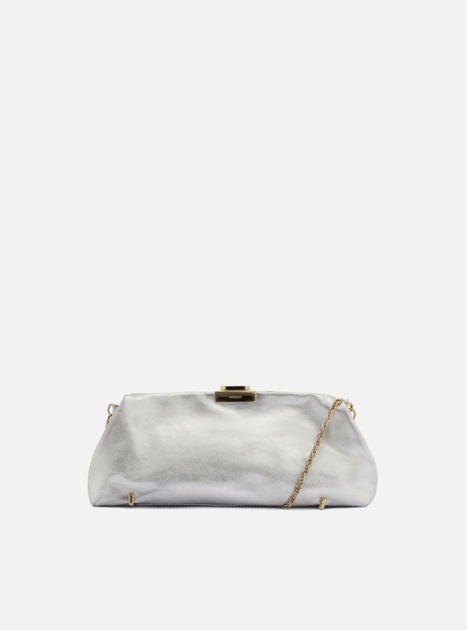 Bolsa Clutch Prata Couro Média Corrente Metais